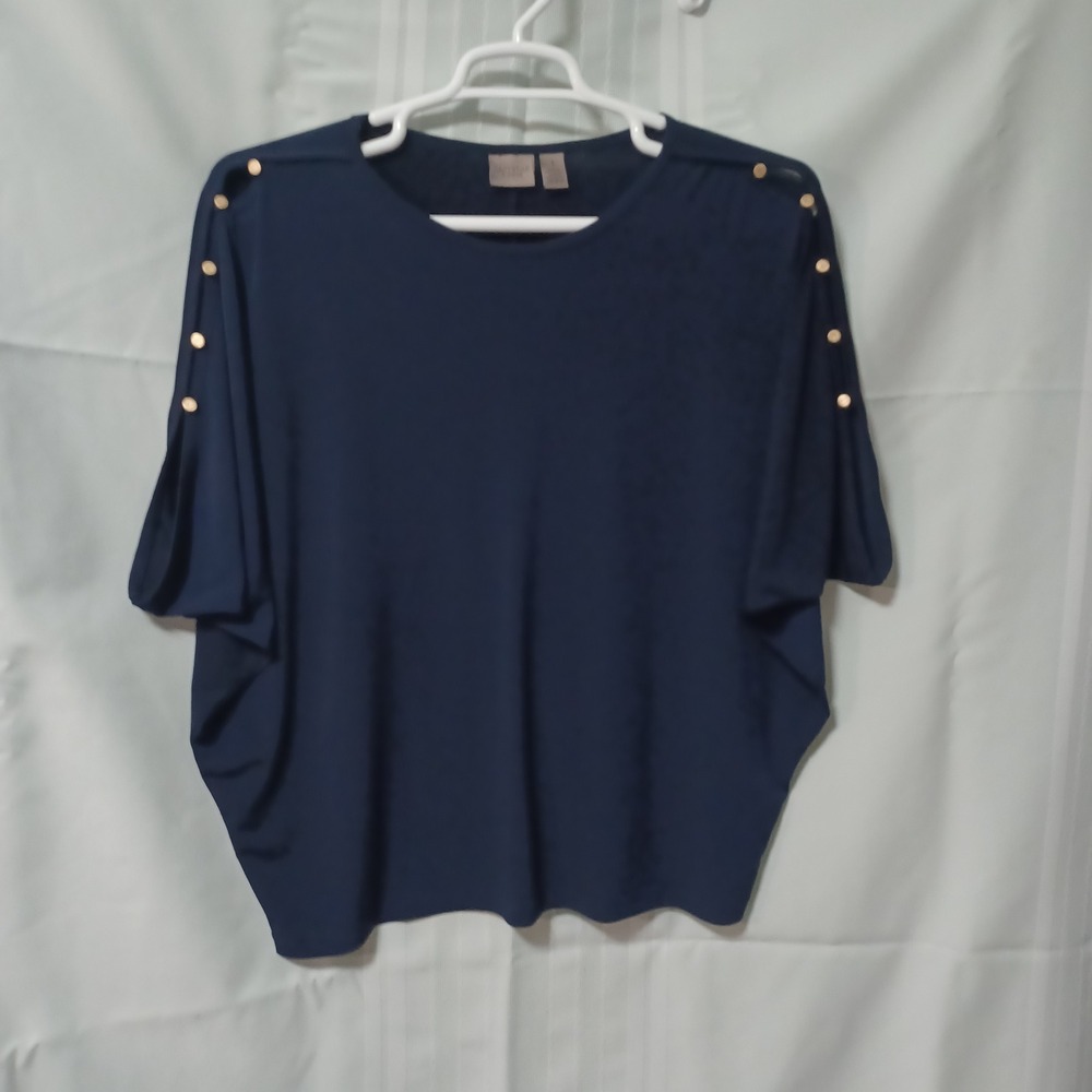 Chicos Easywear Navy Blue Batwing Sleeve Top Gold Button Accent Size 1 Medium